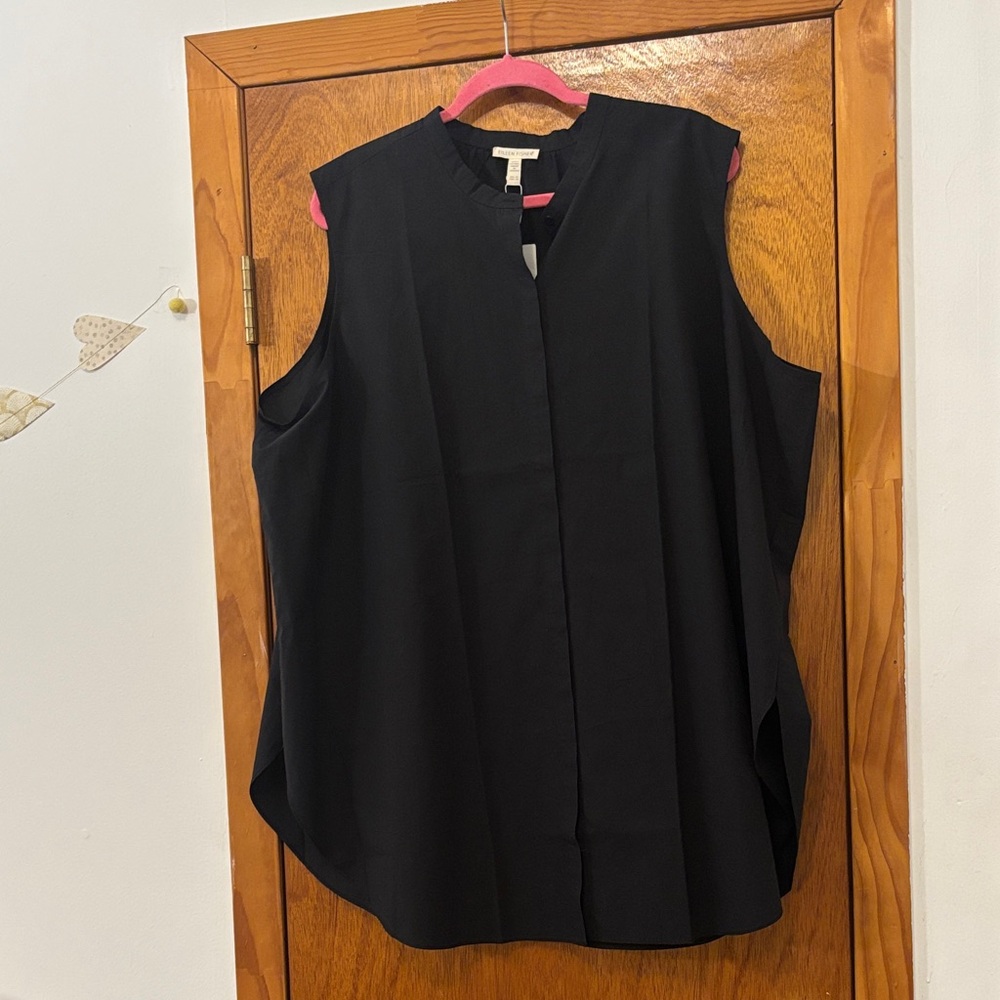 NWT Eileen Fisher Black Sleeveless Button Down Organic Cotton Top